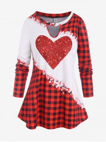 Plus Size Plaid Valentine Heart Keyhole Long Sleeve Tee - RED - 4X