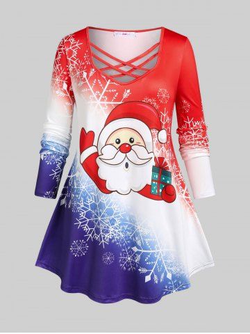 Plus Size Santa Claus Snowflake Print Crisscross Christmas T-shirt - RED - 4X