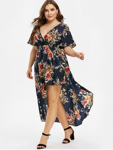 Plus Size Floral Print Bell Sleeve High Low Maxi Dress - DEEP BLUE - L | US 12