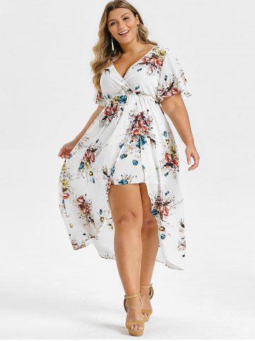 Plus Size Floral Print Bell Sleeve High Low Maxi Dress - WHITE - L | US 12