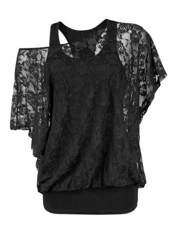 Plus Size Skew Neck Sheer Lace Blouse and Racerback Tank Top - BLACK - 1X | US 14-16