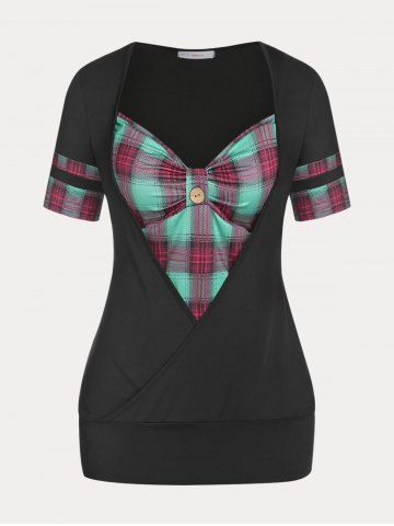 Plus Size & Curve Plaid Sweetheart Neck 2 in 1 Tee - BLACK - M | US 10