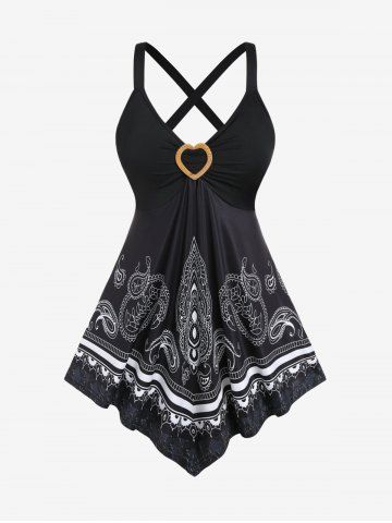 Tank Top Asimétrico con Estampado de Cachemira en Talla Extra - BLACK - 4X | US 26-28