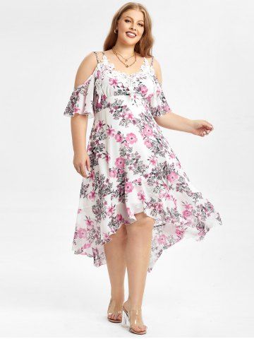 Plus Size Floral Guipure Lace Applique Flounce High Low Open Shoulder Dress - WHITE - 2X | US 18-20
