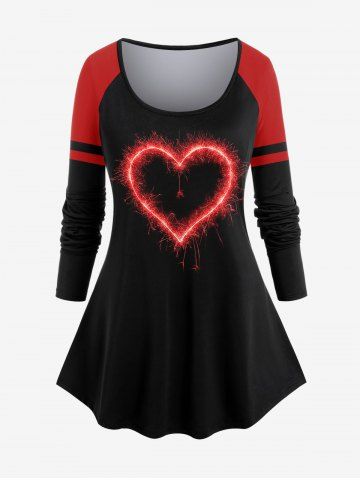 Plus Size Valentines Heart Printed Colorblock Raglan Sleeves Tee - RED - S | US 8