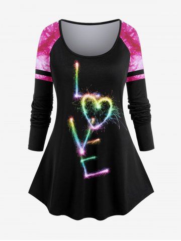T-shirt à Imprimé Cœur et Lettre Love Teinté à Manches Raglan de Grande Taille Saint-Valentin - BLACK - S | US 8