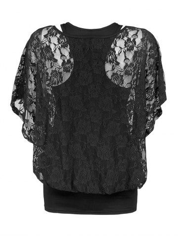 Plus Size Skew Neck Sheer Lace Blouse and Racerback Tank Top