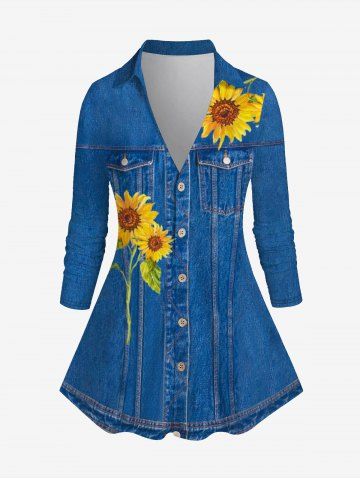 Plus Size 3D Jeans Sunflower Printed Long Sleeves Shirt - BLUE - 4X | US 26-28