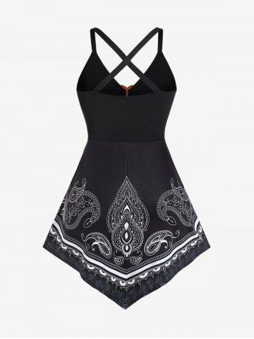 Plus Size Paisley Print Heart-shaped Ring Crisscross Back Asymmetrical Tank Top