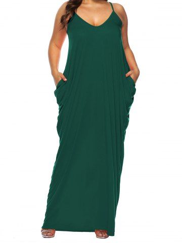 Maxi Robe Trapèze à Bretelle Fine avec Poches en Couleur Unie sans Manches de Grande Taille - DEEP GREEN - 2XL