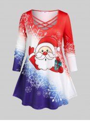 T-shirt de Noël Croisé à Imprimé Père Noël et Flocon de Neige de Grande Taille - Rouge 5X