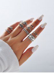 9 Pièces Bague Motif Feuille Sculptée et Géométrie - Argent 