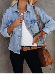 Frayed Hem Flap Pocket Button Up Jean Jacket -  