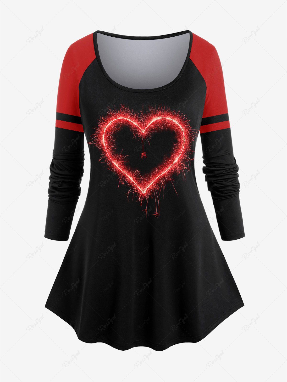 Fashion Plus Size Valentines Heart Printed Colorblock Raglan Sleeves Tee  