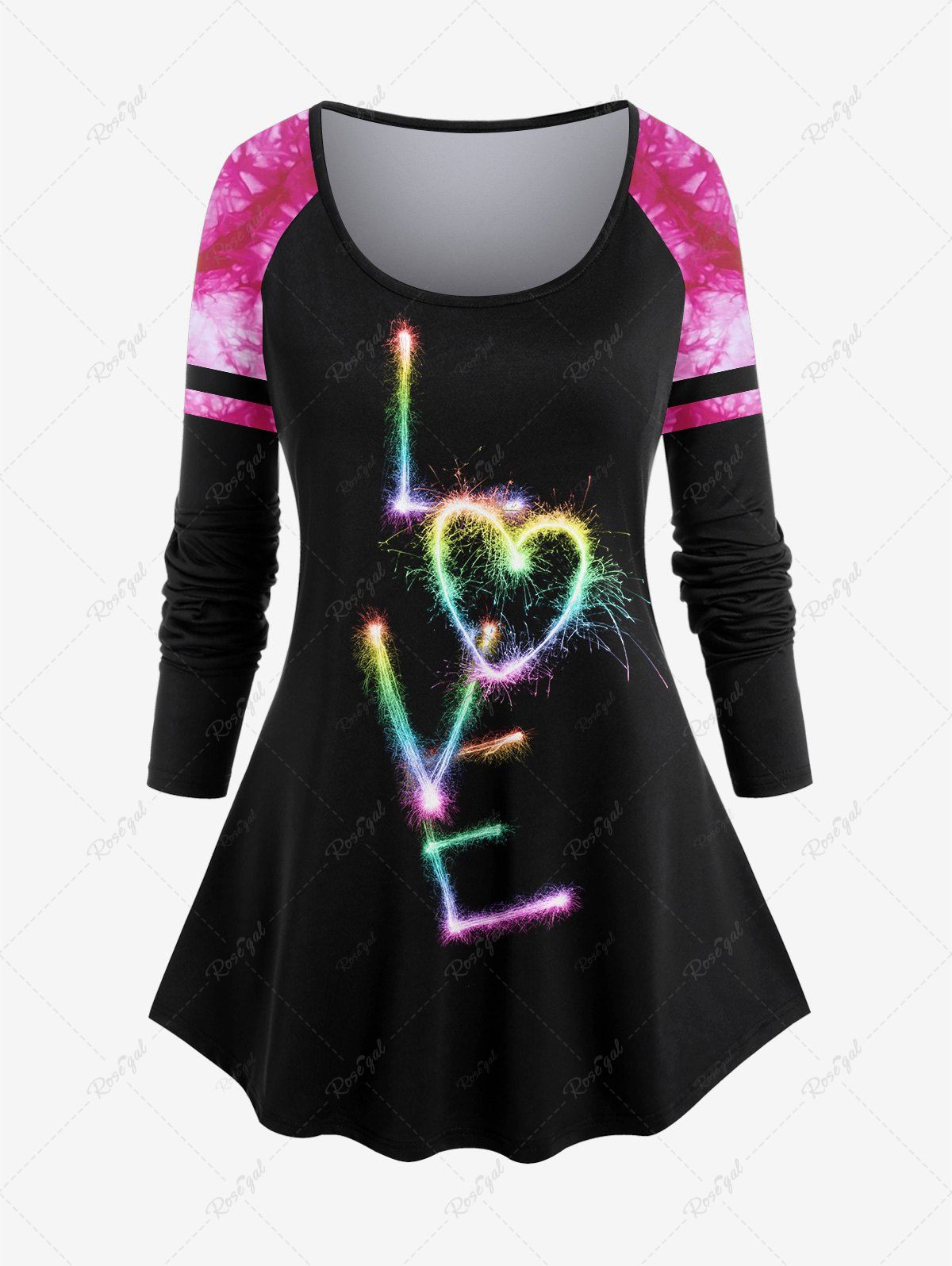 T-shirt à Imprimé Cœur et Lettre Love Teinté à Manches Raglan de Grande Taille Saint-Valentin Noir 5x | US 30-32