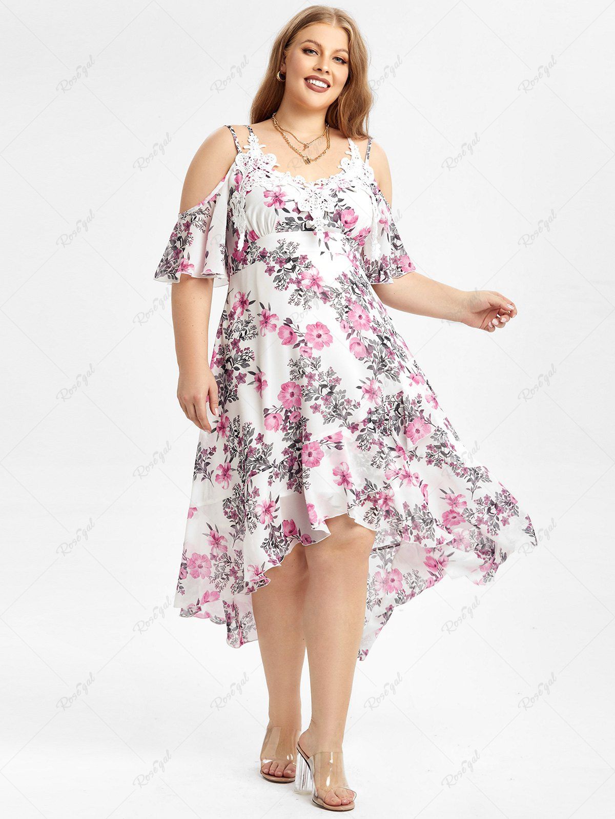 Unique Plus Size Floral Guipure Lace Applique Flounce High Low Open Shoulder Dress  