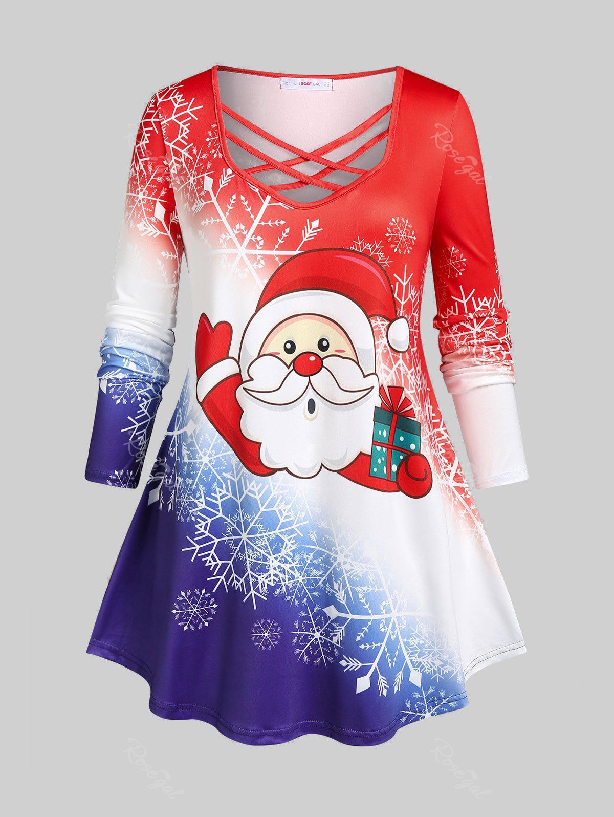 Unique Plus Size Santa Claus Snowflake Print Crisscross Christmas T-shirt  