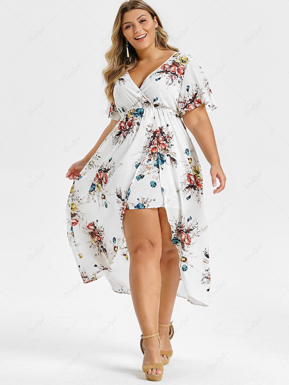 Online Plus Size Floral Print Bell Sleeve High Low Maxi Dress  