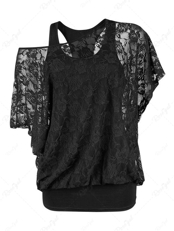 New Plus Size Skew Neck Sheer Lace Blouse and Racerback Tank Top  