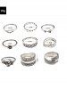 9 Pièces Bague Motif Feuille Sculptée et Géométrie - Argent 