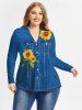 Plus Size 3D Jeans Sunflower Printed Long Sleeves Shirt -  