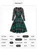 Plaid Print Sheer Flower Lace Panel Belted High Waist Dress -  