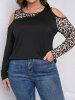 Plus Size Leopard Print Panel Cold Shoulder Long Sleeve T Shirt -  