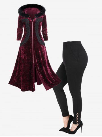 Faux-fur Hooded Lace Applique Crushed Velvet Coat and Hollow Out High Rise Leggings with Pockets Plus Size Outerwear Outfit