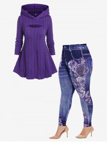 Shrup Top and Sleeveless Cable Knit Sweater Twinset and High Rise Floral Gym 3D Jeggings Plus Size Outerwear Outfit - PURPLE