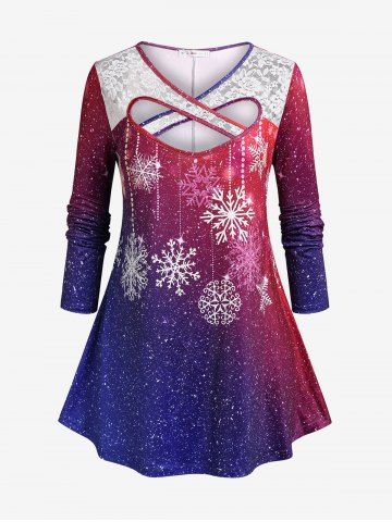 Plus Size Christmas Snowflake Cross Lace Panel Ombre Tee - RED - 1X