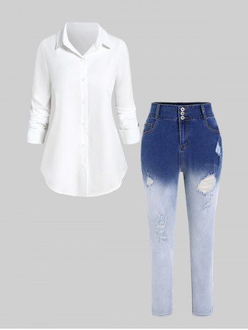 Long Sleeves Basic Shirt and Dip Dye Jeans Plus Size Outfit - WHITE