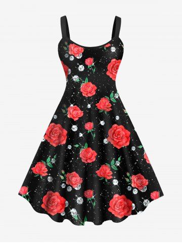 Plus Size Valentines 3D Diamond Rose Printed Sleeveless Dress - RED - 5X | US 30-32