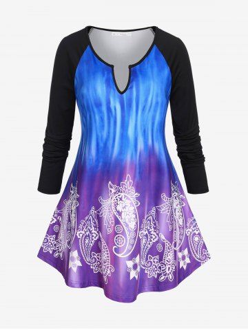 Plus Size Paisley Tie Dye V Notch Raglan Sleeve Tee