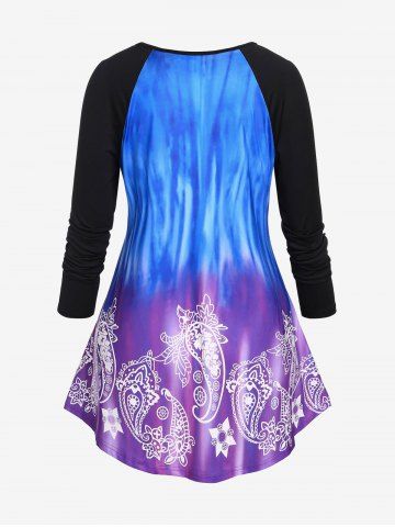 Plus Size Paisley Tie Dye V Notch Raglan Sleeve Tee