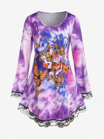 Plus Size Tie Dye Butterfly Print Lace Hem Long Sleeve Tee - PURPLE - 2X
