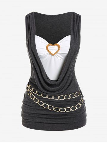 Plus Size Heart-shaped Ring Cowl Front Chain Embellish Ruched Tank Top - GRAY - 1X | US 14-16