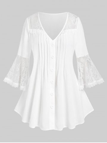 Plus Size Lace Panel Pleated Bell Sleeves Shirt - WHITE - M | US 10
