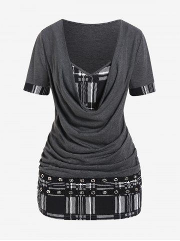 Plus Size Plaid Grommet Short Sleeves Twofer Tee - GRAY - L | US 12