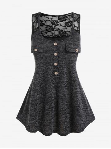 Plus Size Space Dye Lace Panel Buttoned Sleeveless Top - BLACK - M | US 10
