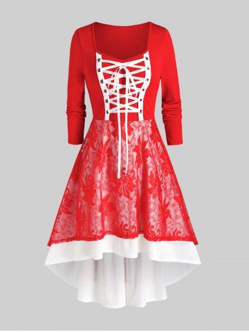 Plus Size Christmas Lace-up Overlay Long Sleeve High Low Midi Dress - RED - 4X | US 26-28