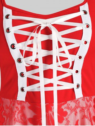 Plus Size Christmas Lace-up Overlay Long Sleeve High Low Midi Dress