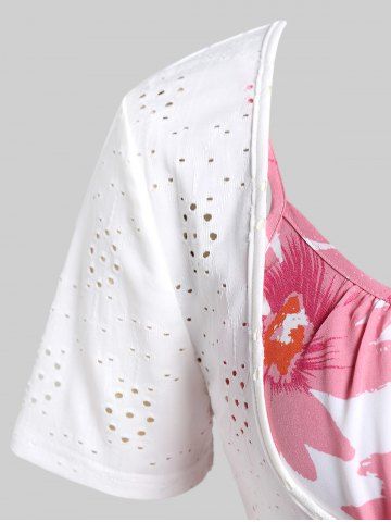 Plus Size Broderie Anglaise O-ring Cropped Tee and Flower Printed Tank Top Set