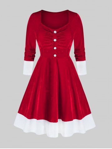 Plus Size Christmas Santa Claus Velour Bicolor Button Flare Dress - RED - L | US 12