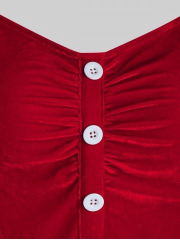 Plus Size Christmas Santa Claus Velour Bicolor Button Flare Dress