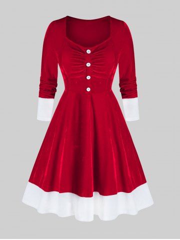 Plus Size Christmas Santa Claus Velour Bicolor Button Flare Dress - RED - 1X | US 14-16