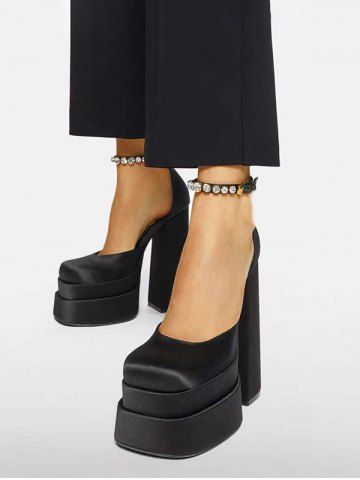 Pair Of Satin Platform Chunky Heels Ankle Strap Pumps Thick Bottom Shoes - BLACK - EU 36
