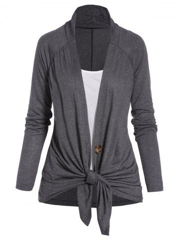 Ensemble de Haut avec Simple Boutonnage à Manches Longues et de Camisole de Base - GRAY - XXL