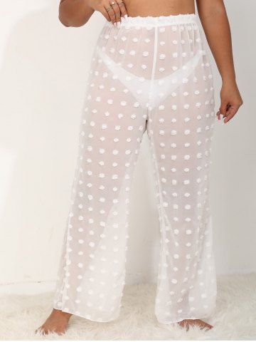 Plus Size See Thru Swiss Dots Elastic Waist Wide Leg Long Cover-up Pants - WHITE - 3XL