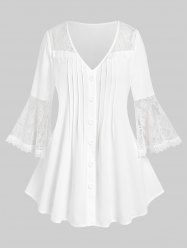 Plus Size Lace Panel Pleated Bell Sleeves Shirt -  