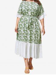 Plus Size Flounce Colorblock Floral A Line Midi Dress with Belt -  